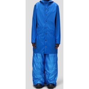 Rains Long Jacket Blue Waterproof Hooded Rain Coat Unisex Size Medium Large